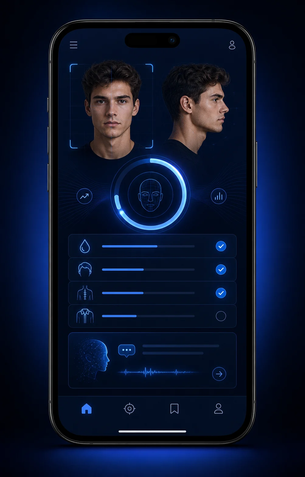 MogRise iPhone dashboard with face scan, progress, daily actions and AI coach
