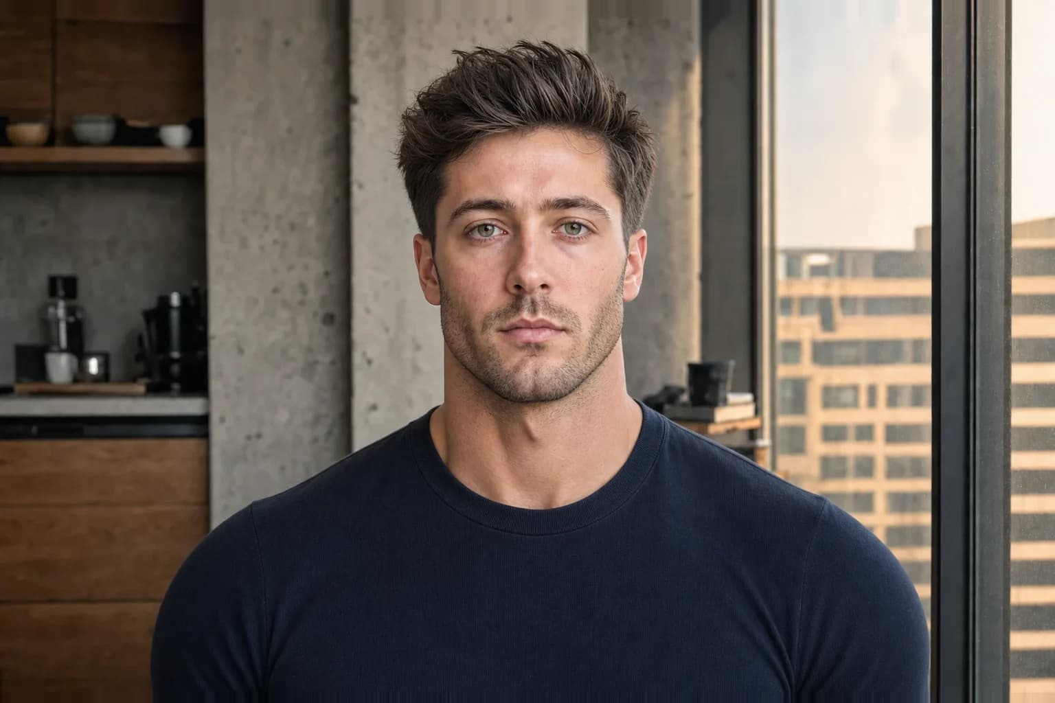 The same white man with a square jaw, projected chin, dense stubble, styled hair and a stronger upper-body frame