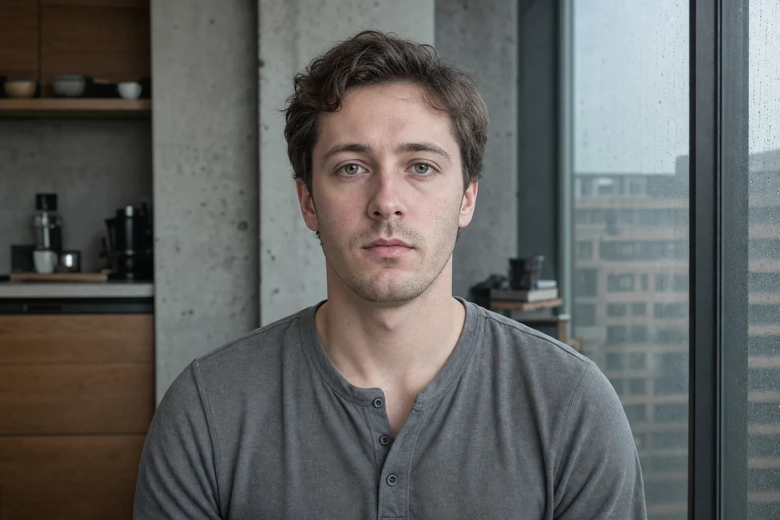 Slim white man with unstyled hair, sparse stubble, weak chin and a loose gray shirt in a cool apartment