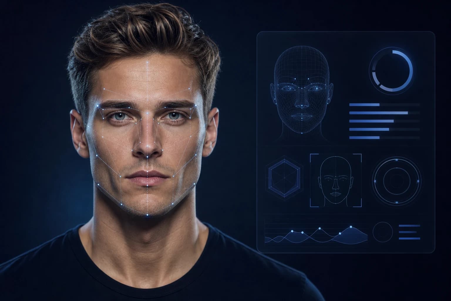 AI facial analysis with aligned landmarks and a structured appearance report